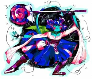 A bright-colored drawing of Jester in a dynamic pose, facing forward and lunging to the right, with her skirt flared, her left foot pointed, and her left arm stretched out daintily as sparkles emanate from her fingers. Her right arm is bent at the elbow as she holds her massive blue-and-pink swirl lollipop above her head. Her tail curves up behind her, the spade-shaped tip pointing at one of her purple horns. She’s got a mischievous smile, her mouth a pointed V, her eyes pinpricks, her eyebrows bold and narrowed, and there are big pink circles on her cheeks, with little freckles. She’s surrounded by colorless bubbles and bright sparkles, some of which overlap on the black hatch-mark splotch behind her, which is outlined in light blue on the white background.