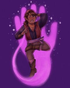 A drawing of Scanlan sitting on his own rosy-purple Bigby’s Hand, one leg crossed over so his heeled boot rests on his thigh. The wrist of the Bigby’s Hand fades into a curving wisp that emanates from the palm of his natural hand, which he holds aloft by his chest. His other hand rests behind his head as he winks and grins. He’s wearing a long-sleeved purple shirt, open at the chest, with a red vest over it, tan trousers with a purple sash at the waist, and matching purple bands at the calves, like socks or cuffs, and a red cap. He’s also wearing purple nail polish, and purple-and-gold eyeshadow. Sparkles surround the spectral hand, white on the dark purple background.