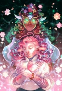 A digital drawing of Caduceus Clay and the Wildmother, surrounded by swirling, shiny energy and scattered pink flowers, with a loose petals strewn throughout. Caduceus is shown from the waist up with his arms crossed over his chest and his eyes closed. He is surrounded by pink-and-white energy as his curly pink hair floats loose around his head as though he’s lying in a pool of water. He’s not wearing his beetle armor, and the sleeves of his open shirt are rolled up to the elbows, revealing pink hair on his forearms as well as his chest. Behind him is the Wildmother, smiling with glowing green eyes and green freckles like jeweled face paint along her cheeks. She is a black woman with curly brown hair that shines green at the edges, much like her eyes and the wisps of energy that spiral behind her on the dark background. She’s wearing a crown of leaves and flowers, plus a tiara styled like antlers with a  spiral-marked seashell at the center.