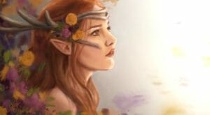 Digital drawing of a side profile of Keyleth’s face. The image is on a white background, with paint splatters made to look like flowers beside her. She is a fair skinned half-elf with long red hair. She is wearing a white headband across her forehead with antlers curling back from her face. Flowers the same colour as the ones beside her are tucked behind the headband. The artist uses soft colours and pale lines giving the piece a dream-like quality.