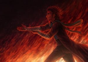 A digital painting of Caleb, in profile facing left, in the middle of sliding one bandaged forearm forward across his open palm, both hands rigid and flat. He glares ahead with a determined, somewhat grim expression, backlit by the light from the wall of fire that sweeps along behind him. The wall is rippling different shades of purple, red, orange, and yellow like a textured tapestry, flame made cloth and littered with sparks so that it resembles a liquid galaxy, brought to the ground at an angle and extending into nothingness. Caleb’s hair blows back, as does his scarf and coat, all glowing orange, as he strides forward in front of the blaze.