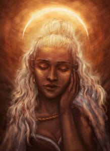 A digital, painterly drawing of Reani. She is an aasimar woman with long, wavy white hair, partially drawn into a bun, and golden freckles on her cheeks. Her eyes are closed peacefully and she rests one hand on the side of her face. Above her is a demi-halo that shines bright light on her and the brown background.