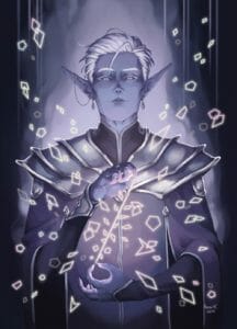 A blue-toned drawing of Essek Thelyss, casting a spell. He seems to pull a shining white thread out of the air, holding each end taut in front of his chest, one hand above and the other below so the thread is diagonal. A multitude of shapes scatter on either side of the thread, extending outward in a loose X, with smaller curving scatters of shapes in between--mostly diamonds and pentagons, but a handful of arrow shapes as well. A soft purple glow surrounds the line, casting light on the mantle about Essek’s shoulders. A similar glow, though bluer and less transparent, rises from behind him, like fog made solid. Thin white lines rise up on either side of it, giving the impression of both columns and movement. Essek stares forward, eyes pale, lined in white, with a small, somewhat knowing smile on his fine-boned face.