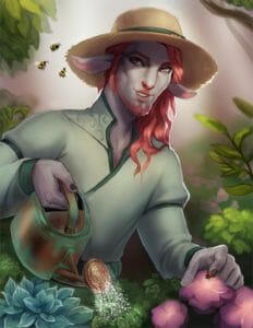 a digital painting of Caduceus Clay, a firbolg man with gray skin, long pastel pink hair and a short pink beard. He is wearing a large straw hat as he waters some plants and flowers using an oxidised copper watering can. There are three bees buzzing near his head that he is smiling at, and a small ladybird on the petal of a pink flower by Caduceus’ hand.