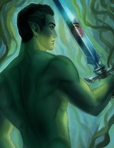 a digital painting of Fjord drawn from the waist up, as he stands amongst a blue background that is filled with green seaweed. He is topless and standing with his back to the audience, the side profile of his face visible. Fjord is a green half-orc with yellow eyes and short dark hair. He is well muscled and toned, and he is holding a large gleaming sword up in front of him. Instead of his reflection in the blade, we see the reflection of a woman with tan skin and yellow eyes, smiling warmly.