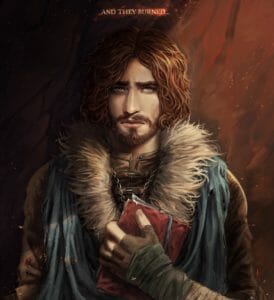 A realistic portrait, chest up, of Caleb facing the viewer with a sad expression. He is pale and has a full beard; his wavy auburn hair is down. His brown coat’s collar is lined with beige fur, and a blue scarf is draped down his shoulders. He holds a battered red book to his chest with a gloved hand and bandaged arm. The background is shades of red, like a fire burning. A shadow is coming in from the left, slightly cast on Caleb. The phrase: “And they burned…” is above him in yellow.