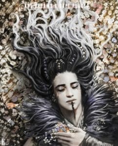 A digital drawing of Yasha lying in a field of flowers, her eyes closed. Her hair, black at the roots and white at the tips, is splayed out above her. She has a streak of black warpaint down her chin and around her eyes, as though tears have caused it to run down her cheeks in streaks. She clutches a handful of flowers to her chest with her left hand, and the words “are dreams a safe place?” are displayed at the top of the image.