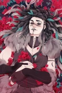 a digital painting of Yasha, lying down in a field of vibrant red poppies. Yasha is a fallen aasimar woman with pale skin, and long dark hair that fades to white that is fanned all around her, with several blue feathers in amongst the braids. She wears a furred cloak, brown bodice and brown bracers on her arms, which are folded across her stomach. There are red poppies nestled in the crooks of her arms, and in her hands. She is sleeping peacefully, a small smile on her face.