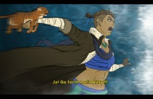 a digital painting of Beauregard, a human woman with brown skin, dark brown hair that is undercut, and a blue crop top that shows off her abs. She is also wearing Caleb’s signature brown coat and scarf, which are trailing behind her as she runs forward at great speed. Frumpkin, an orange tabby cat, is raised up in one hand like she is about to throw him, as she yells “Ja! Go forth mein kitty!!!” Frumpking looks terrified. The blue and white background is blurred heavily behind her, showing just how fast Beauregard is moving.