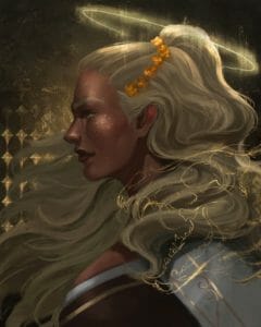 A digital painting of Reani, shown in profile facing left, from the chest up, gazing intently. Her yellow-gold hair flows long about her shoulders, as though blown forward by a breeze. Thin squiggles of gold curve over her hair in the foreground, and on second glance resolve themselves into a faint outline of an animal’s skull, complete with many jagged teeth. A wall of diamonds rises behind her hair on the other side of her face, and dissolves into gold sparkles, like clouds of glitter. Light shines on her light brown cheeks, highlighting her gold freckles.