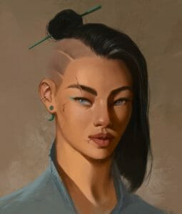 A realistic digital portrait of Beauregard Lionett. She is drawn in front of a blank grey background. Beau is an East Asian woman with brown skin, light blue eyes, and dark shoulder length hair, that she wears with an undercut and a top knot. She has full lips, with a small scar that branches out from the corner of her bottom lip, another scar that runs through her right eyebrow, and a small cut on her cheek that is bleeding slightly. Her ears are pierced in multiple places, and she is wearing a light blue top.