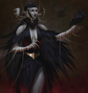 A digital drawing of the Raven Queen on a smoky gray background, underlit with deep red. She’s pale as marble, with the front of her face separated out from her head like a mask, and gold strings spilling from inside. Some stretch upward, and others spill out to the sides, connecting to the backs of two other floating masks. The front mask has a neutral expression, but the one off to the left, hovering in front of her pointed ear, snarls. Her dark hair spills down behind her shoulders, and streaks up in places at the scalp, as though pulled upward by the same force that lifts the strings, and resembles a crown of spikes. She’s wearing a long black dress with a deep scoop neck, a gold band at the waist where it falls in a split to reveal a feathered gray leg, and open-shoulder sleeves of thick black feathers, which seem to emerge directly from her skin like wings. Pale arms extend from the sleeves, with thin strings of shining gold wrapped round the forearms and trailing off into the distance, vanishing into the hazy backdrop. One hand is held aloft, clawed finger extended, and a raven perches on it, head turned backwards to stare at her. Another raven flies toward her from behind.