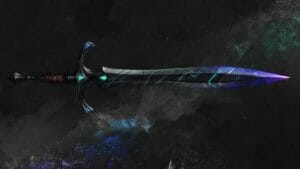 a digital painting of Dwueth’var, the Star Razor sword. It is painted horizontally across the page. It has a triangular steel pommel, a leather wrapped hilt, and there are three blue and green gems inset on the guard. The blade of the sword is long and curved before coming to a sharp point, and it too has a green gem inset at the very top of the blade. The sword is painted as though it is in shadow in front of a black background, but there is a beam of light that falls across the blade, showing whorls of colour in green and blue across the entire length of it.