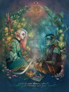a watercolour digital painting of Caduceus Clay and Fjord, who are sitting down and having a discussion with each other. Caduceus is a firbolg man with grey skin, long pink hair that is shaved on one side, and a pink beard. He is sitting cross legged, the palms of his hands cupped together and sitting in his lap. Around him are dancing golden lights, and at his back grows a tall bushy vine with pink flowers. Caduceus has a tail which wraps around his legs, and on the ground where he sits, purple and white spotted mushrooms have grown. Caduceus, with a complacent smile on his face, is looking down at Fjord who sits opposite him. Fjord is a half-orc man with green skin, short dark hair with a grey streak, and tusks that are just beginning to be visible. Like Caduceus, he is sitting cross legged, his hands folded together in his lap. There is a soft blue light around Fjord, and what look like bubbles. At his back is a small coral reef from which long stems of seaweed is growing, fish swimming amongst it, and four glowing yellow eyes. Fjord looks nervous and unsure as he looks back at Caduceus. In between them sits a small bowl and pestle, and a golden incense burner, which is smoking, the curls of smoke gently drifting between them. At the apex of the smoke plume between Caduceus and Fjord is a wooden crook, the symbol of The Wildmother, and it is almost as though all the light falling on Fjord and Caduceus is coming from this symbol. In green and gold at the bottom of the page are the words: “what do you dream about, when your dreams are your own?”