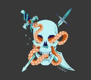 Digital image of a light blue skull and swords on a grey background. In the centre of the image sits a light blue skull, with an orange tentacle worming its way through the eyeholes and up around the jawbone full of jagged teeth. Around the skull, blue swords are placed in a crossbone fashion. The one on the left is Fjord’s falchion. The hilt of the sword has a clam at its tip, is wrapped in seaweed and has an orange eye in the centre of it. Water droplets fall down from the sword. The sword on the right is the Star Razor. The hilt and blade are separated, each shattered at their end. The tip of the hilt has a crown, and a nautical star sits in the centre.
