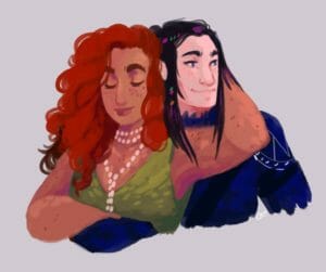 a digital painting of Keyleth and Vax, on a blank white background. Vax is a half-elven man with pale skin, blue eyes, and long dark hair with colourful beads braided in amongst it. He is smiling and looking off to the side, while he hugs Keyleth to him, her back pressed against his front, and his arm wrapped around her waist. Keyleth is a half-elven woman with tan skin, long curly red hair, and a freckled and muscular frame. She is smiling gently with her eyes closed, with one of her hands lifted up and buried in Vax’s hair.