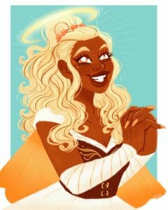 a stylized digital portrait of Reani, an aasimar woman with warm brown skin, large golden eyes with long lashes, golden freckles, and long, curly blonde hair that is worn in a ponytail with a flower crown, her golden halo shining above her. She is wearing a white dress with a brown and gold bodice, gold cape, and white bracers on her forearms. She is smiling widely with her hands clasped in front of her as though she is praying. She stands in front of a light blue background, and there are small sparkles all around her.