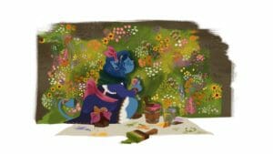 A cartoony drawing of Jester crouched in front of the flowery wall in Yasha’s room, surrounded by buckets of paint and a number of paintbrushes. The wall is unfinished, a swath of greens dotted with many different wildflowers in various colors, its edges irregular so the stonework shows through in various places. Jester is smiling softly, in profile facing right, round cheeks bulging, with a half-eaten donut in one hand. She’s laid a white tarp down, and it’s scattered with splotches of paint, as well as a handprint. A large green paintbrush is spilling green just off the edge of the tarp, on the white background.
