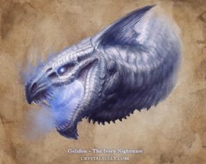 A highly-detailed closeup illustration of Gelidon, drawn in blues and whites on a tan background styled to look like old parchment. Her neck emerges from the backdrop, hazy at the borders, like she’s phased through a wall or portal, and her maw is open wide, revealing long, jagged teeth. Her breath weapon swirls inside her mouth like a reverse-shaped tornado. The space between her teeth is misty-blue white, and the color drifts like fog from between her teeth and up over her snout. Her one visible eye is blue with a glowing white pupil, and surrounded by ridged crests. There are little spiles along the side of her jaw, with larger ones behind those, and small ones again along the underside of her neck. The top of her head branches up into a triangular ridge reminiscent of a shark fin, large spine, or ear.
