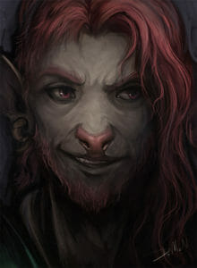 Digital drawing of Caduceus’ face. He has a mischievous look on his face, his mouth pulled into a half smirk, his bright pink eyes looking to the side one eyebrow half raised. He is a grey firbolg with a cow-like nose, red at the tip and connecting to his mouth. He long pink hair that half hangs over his face casting dark shadows on it, and a short pink beard. He wears a twisting shell earring in his large ear.