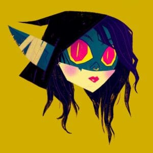A digital drawing of Nott’s head on a yellow background. Her mouth and chin are covered by her porcelain mask. She has a small upturned nose with a gold ring piercing. Her eyes are very large. They are yellow with pink irises and yellow pupils. Her long dark hair frames her face, partially covered up by her hood. One long ear with multiple gold ring piercings can be seen poking out of the hood, partially wrapped in bandages.