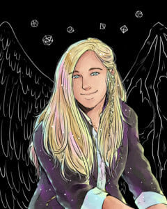 Digital drawing on a black background of Ashley from the waist up. She has pale skin, long blonde hair with a small braid tucked behind her ear, and is smiling sweetly straight ahead. She sits posing with her hands on her knee. She is wearing a black suit jacket with a light blue buttoned shirt underneath. Warm pink and soft blue light reflect off her, highlighting her hair. Behind her is a white stencil outline of wings. On the left of her body the wings have feathers, on the right the wings are skeletal, torn and tattered. Above her head is a white chalk-like doodle of different sized dice floating in the air.