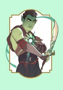 Digital drawing of Fjord, a green half orc, from the hips up. He stands in a gold border surrounded by a green background. He is staring to the side with a determined expression on his face. He wears a light brown leather vest with black leather pants. He holds a barnacle covered falcon to his side, a bright yellow eye on its hilt. Water arcs off of it giving the impression of movement. He holds his other hand to his chest in a defensive position. A bright white spotlight centers on his palm with a green aura radiating from it in seaweed shaped beams of light.