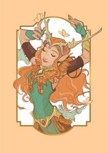 a digital painting of Keyleth, a half-elven woman with pale skin, a long nose, and long flowing orange hair that is adorned with a flower and antler crown. She is wearing a green dress that is embellished with autumnal leaves at her collar and waist. Keyleth has her arms raised above her head, as though she is dancing, a gentle smile on her face. Butterflies and birds are floating around her. She is painted inside of a white rectangular relief, in front of a blank peach colored background.