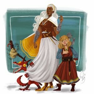 Digital drawing of Reani, Twiggy, and Spurt on a white background with a turquoise square behind them. In the center, Reani stands much taller than the rest. She has brown skin, long white hair with a gold hairband and gold freckles. She wears an armour top with gold accents, a white cape with gold backing, and a long flowing white skirt. A belt across her waist holds two daggers by her side. To her right is Twiggy, holding one hand to her chest, the other tucked into her dress pocket. She is a light-skinned gnome with shoulder length blonde hair that has twigs stuck in it. She has green eyes, one of them winking. Sitting on her shoulder is a grey squirrel, its tail raised in alert. Twiggy is wearing a long red dress with long blue sleeves and a thick leather belt with gold brackets. To the left of Reani, Spurt the red kobold pokes out from behind her coat. His eyes glow bright yellow as he stands with his snout wide open, a snaked tongue sticking out. Behind him he has a long wooden staff with a beehive and a scorpion strapped onto the end of it.