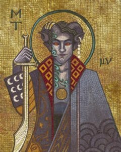 Art of Molly in the style of a Byzantine mosaic. The entire piece looks like a mosaic, as if it is made up of tiny pieces, including the vibrant gold background. Molly is seen from the waist up facing forward. In his right hand, he holds his scimitar up, pointing it straight down. His left arm is covered by a purple half cloak. He is wearing his signature colorful coat, featuring beautiful geometric designs as well as sun and star motifs. His peacock tattoo can be seen across the right side of his chest, neck, and face. He has a neutral expression on his face. There is a large hole in the very center of his chest, which the gold background can be seen through. There is a teal ring around Molly’s head, forming a halo. On the left side of the image, the letters “MT” are written. On the right side, the Greek letters “μν” are written.