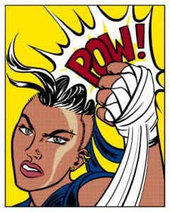 A digital drawing of Beau in the style of a comic book panel. Beau is seen on a yellow background from the shoulders up, swinging her left fist up and towards the viewer in a punch. She has her teeth gritted and eyebrows furrowed. Strands of her hair are knocked out of place by the movement. There is a trail drawn behind the fist to show it coming up. The word “pow!” is written in all caps behind her fist, drawn inside an comic book style word bubble.