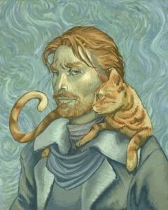 A painting of Caleb and Frumpkin, stylized like Van Gogh’s self portrait with muted colors and textured brushstrokes. Caleb is a light skinned human man with shaggy red hair and beard. He is wearing a brown coat with a fleece collar, a loosely tied blue scarf and a brown turtleneck. Frumpkin, an orange cat, is resting on Caleb’s shoulders, his tail curled upward as he stares off to the left. Caleb, in half profile, has his eyes turned toward the viewer and has a dour look on his face.