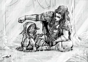 Sketched drawing of Nott and Yasha sitting on a rainy forest floor. Yasha sits cross legged on the right, her arm out straight to protect Nott from the rain. Nott sits with one hand upturned to feel the rain. She looks up at Yasha with a playful smile on her face as Yasha smiles softly down at her. The background is an opaque forest, with light grey lines and streaks for water. The people in the foreground are drawn with dark bold lines causing a lot of contrast.
