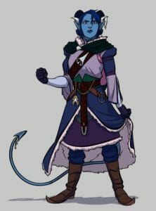 Digital drawing of Jester posing with one hand in a fist in front of her, the other holding up her skirt. She stands in front of a white background with an annoyed expression on her face. She is a blue tiefling with blue, shoulder length hair and ram-like horns that curve back from her head. She wears a purple tunic with long blue sleeves and dark purple gloves. She wears a leather strap across her chest with a silver emblem on it. She has a thick braided leather belt around her waist with the symbol of the traveler hanging from it on a gold chain. She wears a long blue skirt with light purple fur lining the inside, over blue pants. She wears leather boots that curve up at the toes. Her long tail snakes out from behind her back, jewels hanging from the end.
