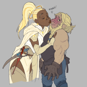 Digital drawing of a Reani kissing Umagorn on the cheek. Reani is a woman with dark brown skin, golden freckles, and long blonde hair in a high ponytail. A gold halo circles around her head, her ponytail pulled through it. She is wearing a long cream coloured hooded cloak, and armour. Two daggers hang from her belt, one red, the other grey. She kisses Umagorn on the cheek, his face turning purple from blushing. He is a stout, muscular dwarf with pale skin and short blond hair pulled into a ponytail. He has a long braided beard. He wears a blacksmith’s apron, black leather gloves, and blue leather pants.