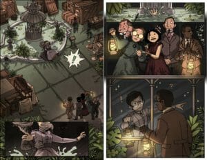 a digital painting of scenes from the Call of Cthulhu: Shadow of the Crystal Palace oneshot, designed to look like a double page spread of a comic book. On the left hand side of the painting is a birds eye view of an atrium. Light is being cast from an unknown source at the top left hand corner of the painting, casting long shadows of window frames across the entire floor. A lot of the space is taken up by wooden crates, some open with the contents strewn about, wooden furniture, tropical plants, and a singular fountain at the top of the page. From the shadows that are cast, ghostly hands reach out across the floor of the atrium. At the opposite end of the atrium to the fountain, the group of investigators stands huddled together; Alexandra and Dr. Mason hold up glowing lanterns, while Hanako, Capt. Badger and Septimus stand between them. They are all looking on as Ida is being dragged into the fountain by a ghostly figure against her will. There is a large exclamation mark inside a cartoon speech bubble that gives the sense of alarm. At the very bottom of the page is a large rectangular comic insert that is a close up of the ghostly figure holding onto Ida as it drags her into the fountain. The right hand side of the painting is divided into two different scenes at the top and bottom of the page. At the top of the page, the huddled group of investigators looking on in horror, as Ida is sucked into the fountain. All of them look terrified except for Dr. Mason who is distracted by a noise he hears to his left, emphasised by a written  “tap, tap, tap” sound effect. At the bottom of the page, Dr. Mason approaches a large pane of glass with his lantern, but his reflection is not of himself, it is of Ida, holding a lantern in the same way that Dr.Mason is, but she is pointing off to the right of the painting, with a little cartoon exclamation mark hanging above her head. Dr. Mason just continues to stare at Ida, but with a little question mark hanging above his head.