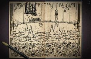 A picture of a charcoal drawing from Jester’s journal. A charcoal pencil is laid across the bottom left corner. The drawing depicts the Mighty Nein crossing the bridge of whispers underground. They are seen from a distance, all clustered together on the bridge. Lines of alarm come from the group, as well as a sad face. Two hanging cages and many stalactites and stalagmites can be seen throughout the cavern. Underneath the bridge is a sea of skin and gaping mouths. The word “whisper” is written countless times above it, coming up towards the bridge.