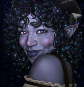 a realistic digital portrait of Jester, painted against a dark background. Jester has light blue skin, purple freckles across her cheeks, nose and chin, bright violet eyes with long lashes, and full blue lips. She has a mass of shoulder length dark blue curls that fall to her shoulders, and her black curling horns are just barely visible through her hair. Jester is looking over her bare shoulder, smiling coyly, and in the reflection of her eyes you can just make our a humanoid silhouette. There are violet, turquoise and blue glowing lights that float all around Jester, lighting up her face.