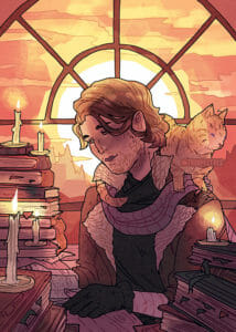 A drawing of Caleb with Frumpkin on his shoulder. Caleb is a pale man with red hair that comes just below his ears and a short scruffy beard. He is wearing a brown coat with a scarf and a black turtleneck and gloves. His sleeve is pulled back to his elbow, making the scars on his arms visible. He is reading a book that's on the table in front of him. Surrounding him is piles of books, some of them with lit candles on top. Behind him is a large window with the setting sun in it. The sun is right behind his head, surrounding his head like a halo.