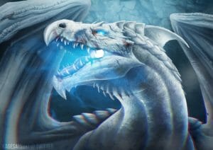 A closeup digital drawing of Gelidon, the Nightmare in Ivory. She is an ancient white dragon with several scars and blood spatters across her face. Her mouth is open, and a cloud of frost is coming from her mouth.