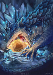 a digital painting of Gelidon, the Nightmare in Ivory, a large ancient white dragon, biting down on the golden Leomund’s Tiny Hut, through which we can see the panicked silhouettes of the Mighty Nein. Gelidon’s jaws are either side of the hut, the teeth digging into it, her tongue pressed up against it, and her massive clawed forelegs splayed out either side of it. Gelidon and the Mighty Nein are inside a large icy cavern, the chunks of icy rock the same colour and shape as Gelidons scales.