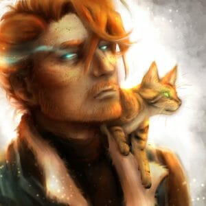 Digital bust of Caleb with Frumpkin on his shoulder. The background is white, fading to grey at the edges. Caleb is a pale man with short orange hair and a beard. He has brown freckles dotting his face. His eyes are a magic light-blue with a magic light beam radiating from one eye. He wears a brown shirt and fur lined jacket. Slumped on his shoulder is Frumpkin, an orange bengal cat with faint black stripes. He looks away from Caleb into the distance. His eyes shine a bright green.