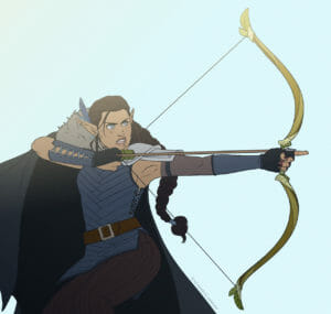 a digital portrait of Vex’ahlia. She is a half elven woman with tan skin, long dark hair that she wears in a braid, and two blue feathers tucked behind one ear. She is wearing a blue bodice and bracers on her arms, and long dark cloak with a furred collar. She looks serious, and she is drawing an arrow from a large wooden longbow that almost looks golden and is tipped with green leaves at each end of the bow. Though the background is a blank sky blue, the entire painting seems to be brightly lit from an invisible light source at the top left hand corner of the painting.