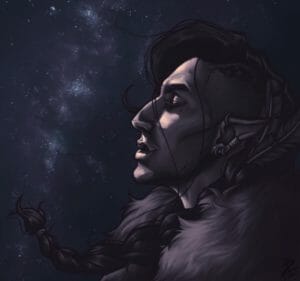 a grayscale digital portrait of Vex’ahlia, a half-elven woman, who is drawn at a side profile. She has a strong nose, full lips with the faintest of smiles, and her eyes are closed. Her dark hair is shaved on one side of her head, and the rest braided, floats slightly forward as though blown by a slight breeze. There are wisps of hair that blow across her face. She has two large feathers tucked into her braid, just behind her ear. In the background is a bright starry night, and Vex is lifting her head up to the moonlight, which though not visible, lights up her face.