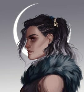 A digital painting of Yasha in profile facing left. She’s glancing at the viewer out of the corner of her pale eye as a few locks of gray hair spill in front of her face. There’s a thin scar through her eyebrow, and little white flowers along the band of her ombre ponytail, which falls thick and wavy over her shoulder, which is covered in dark furs. A thin crescent moon rests behind her head, half-framing her face, bright on the hazy gray background, which fades from dark gray to light a little like Yasha’s hair.