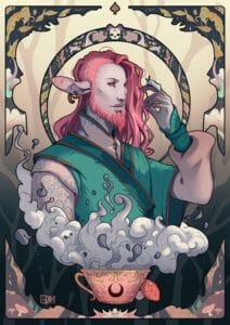 A drawing of Caduceus in the style of a card. He’s shown in three-quarters profile, facing right, holding one hand before his eyes with a small insect perched on his index finger. Below him, in the foreground, is a large pink cup of tea, from which thick whitish-gray steam pours, like clouds or foam. Caduceus’s torso rises from it the steam. Behind his head is a blue semicircle, decorated with a number of woodland images--leaves, trees, mushrooms--and a skull in the center, which has dark ram’s horns. Behind it are silhouettes of trees. Floating on top of the background, in the top corners, is a disconnected blue border squiggly edges, decorated with dried leaves, mushroom stalks, and pink clouds. Between them, a brown spade shape floats. In the bottom corners, a similar blue border, connected this time, shows mushrooms in dirt mounds, and scraps of wood. A little pink flower rests in the center as part of the frame.
