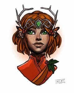 Digital bust of Keyleth from the shoulders up looking straight ahead. She has brown skin, green eyes, and medium-length rust coloured hair. Brown freckles dot her face. Tucked behind her ears are butterfly wings and she wears a headband with antlers on her forehead. A bright green gem sits in the middle, resting between her eyebrows. Around her neck she is wearing a leather choker with rubies. She wears a high collared red robe, and a brown sash with a holly on her shoulder.