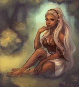 A digital painting of Reani sitting on the ground in a soft green forest, knees half bent, one sideways and the other upward. She rests her chin on one loosely curved hand, and her other arm rests in her lap, hand dangling over one of her legs. Her white hair falls long and wavy to the ground and over her shoulders. Her light brown skin is scattered with fine gold freckles from her head to her toes.