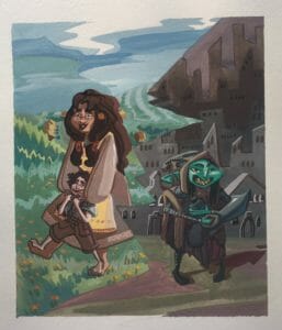 a watercolor painting of Veth Brenatto, Luc Brenatto and Nott the Brave. The painting is split in half by a jagged line. On the left side of the painting Veth, a brown skinned halfling woman with long thick brown hair, freckles and a yellow apron over a brown dress, is playing with Luc, her son. Luc is a young halfling child with wavy brown hair, freckles and a green shirt and brown trousers. He is standing on the tops of Veth’s feet, laughing as Veth walks his along by lifting up her own feet. They are playing amongst a green field filled with orange flowers, and behind them are rolling hills of farmland, a few houses, and a bright blue sky. On the right side of the painting, Nott the Brave stands alone on a city street. She is a goblin woman with green skin, tattered brown robes, and she is grimacing, her sharp teeth on display. In one hand she holds aloft a sword, and in the other a flask. She is standing on a bare dirt road, a brown and gray city and sky behind her.