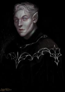 a digital portrait of Essek Theylss, a drow man with pale grey skin and hair that has lilac highlights. His hair has an undercut and a diamond earring glimmers at the lobe of his ear.  He has blue eyes and full lips with a faint smile. He is wearing a black robe with silver embroidery, and the robe disappears into the black background that surrounds him.